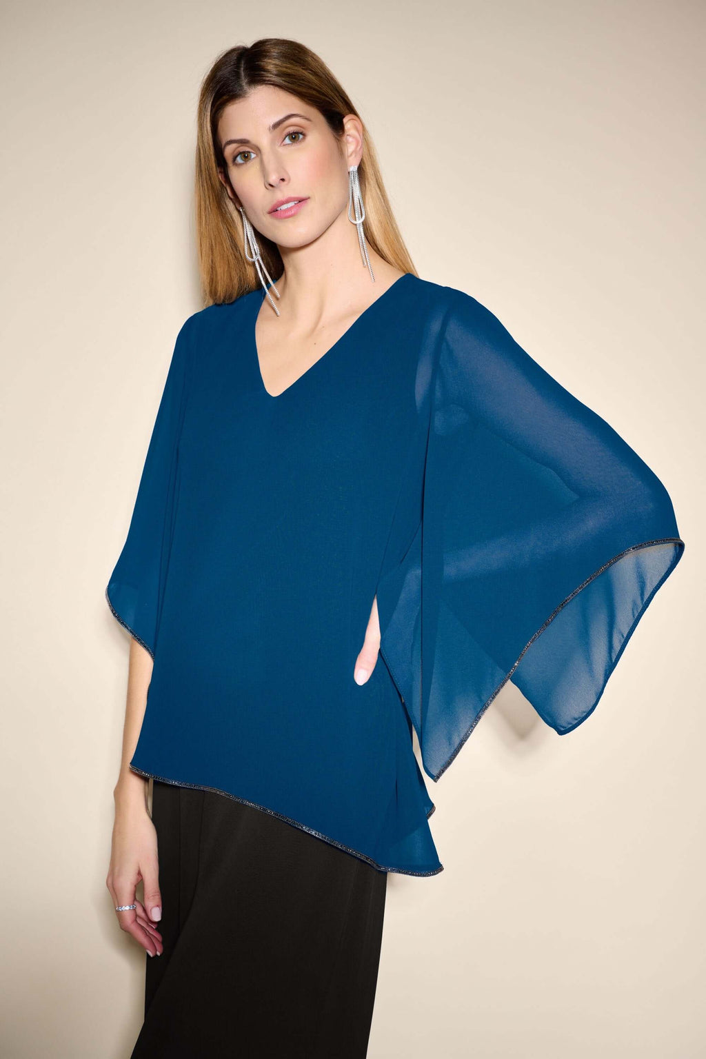 Joseph Ribkoff Layered Chiffon Cape Sleeve Top in Black 241020