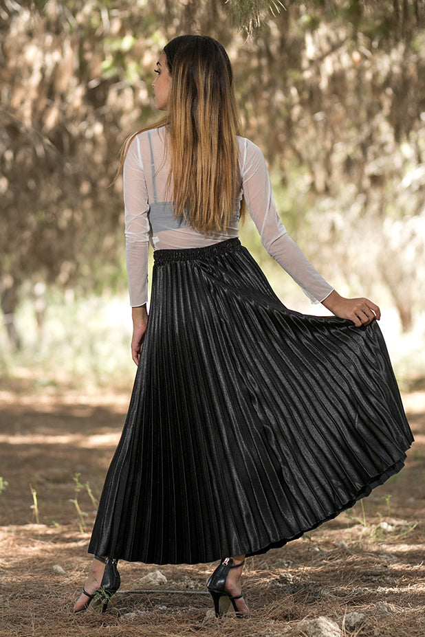 metallic long pleated skirt