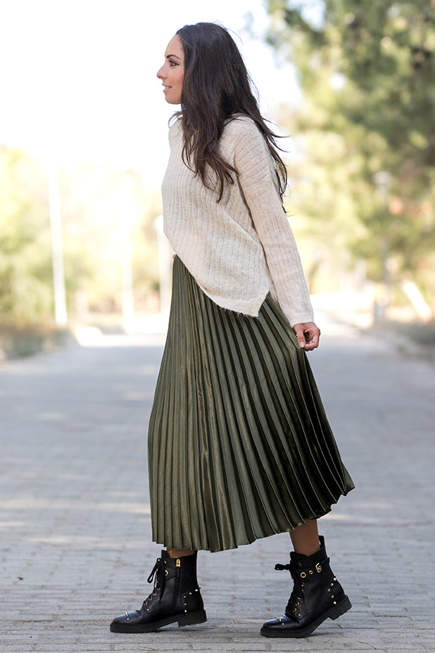 khaki metallic pleated skirt