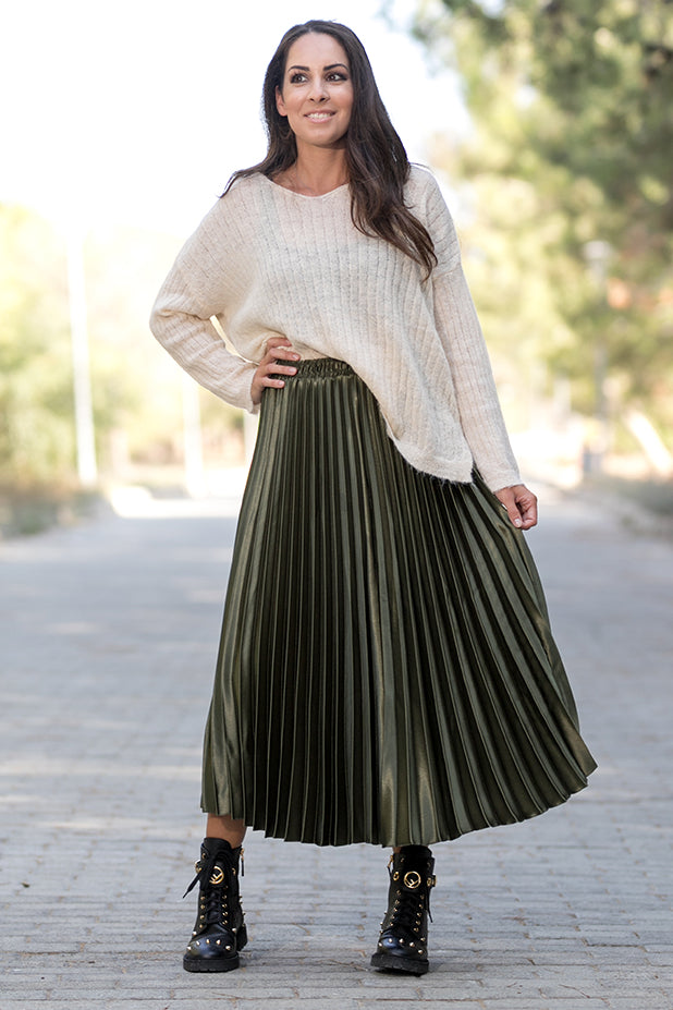 Metallic Pleated Long Skirt Green | Queencii | Bazics CY - BAZICS CY