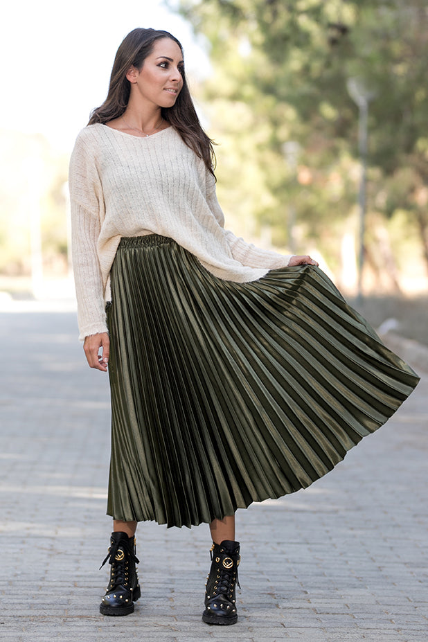 Metallic Pleated Long Skirt Green | Queencii | Bazics CY - BAZICS CY