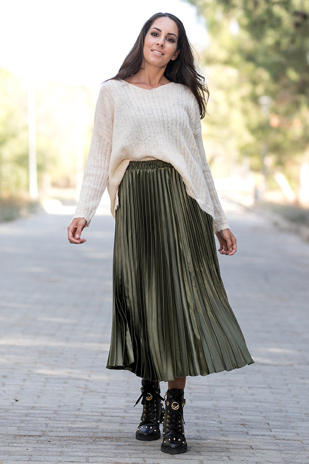 Metallic Pleated Long Skirt Green | Queencii | Bazics CY - BAZICS CY