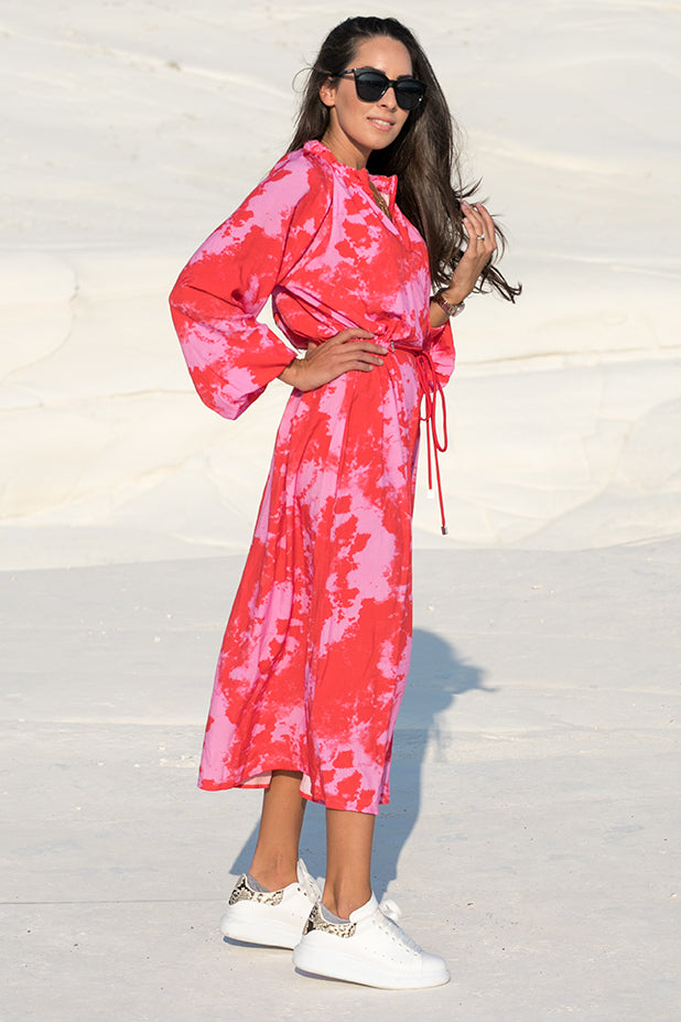 NA-KD | Tie Dye Balloon Sleeve Midi Dress Red | Bazics CY - BAZICS CY