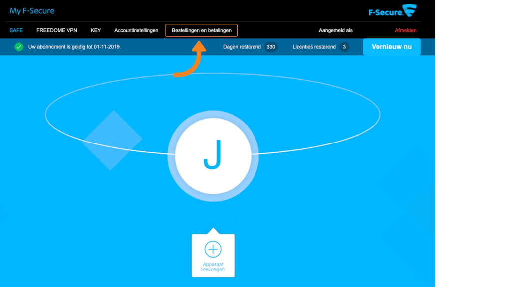klik op bestellingen en betalingen in je f-secure account