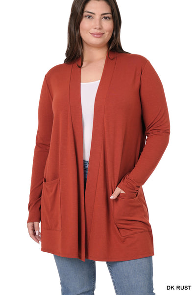 Plus Size Open Front Long Duster Cardigan-Rust / XL 