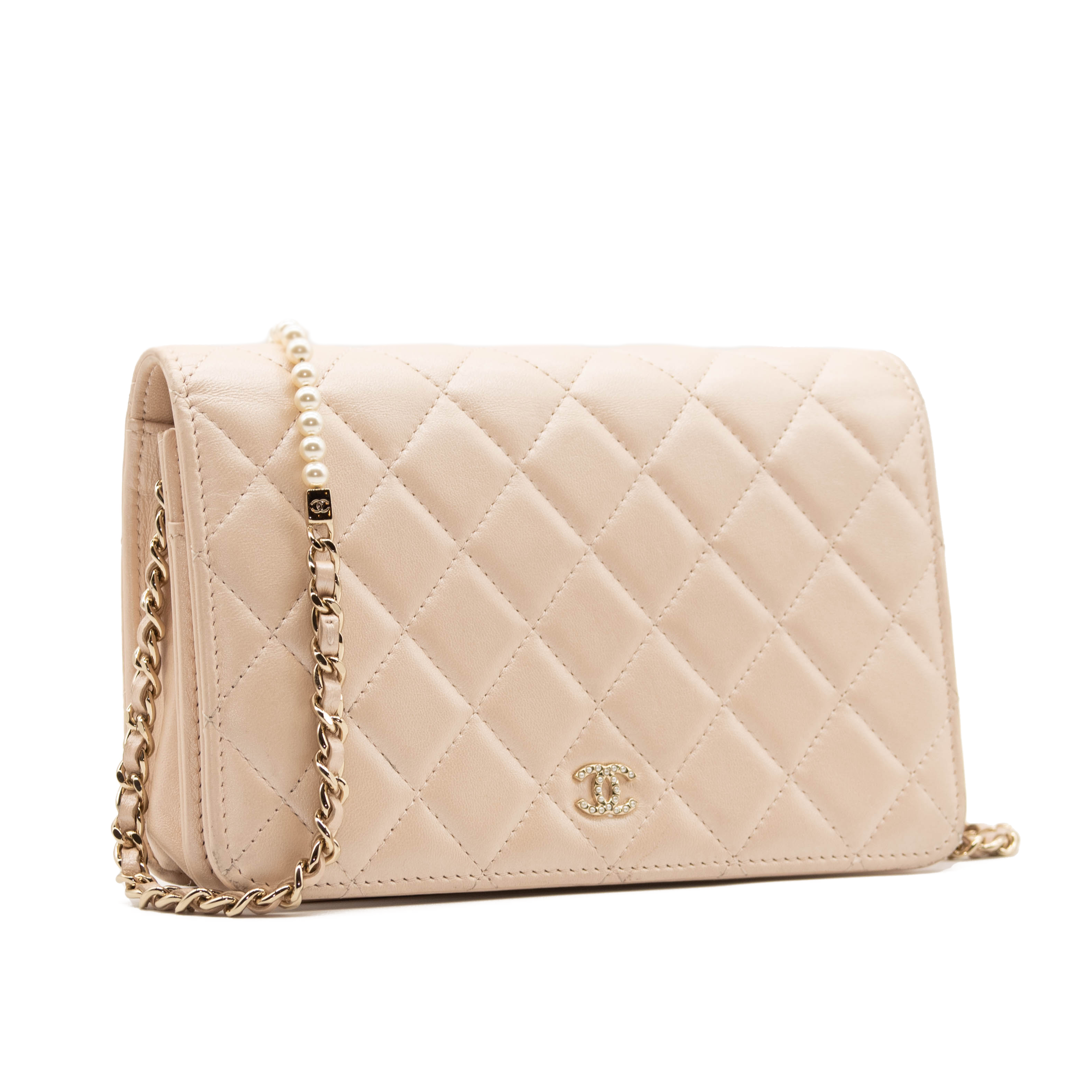 CHANEL Lambskin Quilted Pearl Wallet On Chain WOC Black 234916   FASHIONPHILE