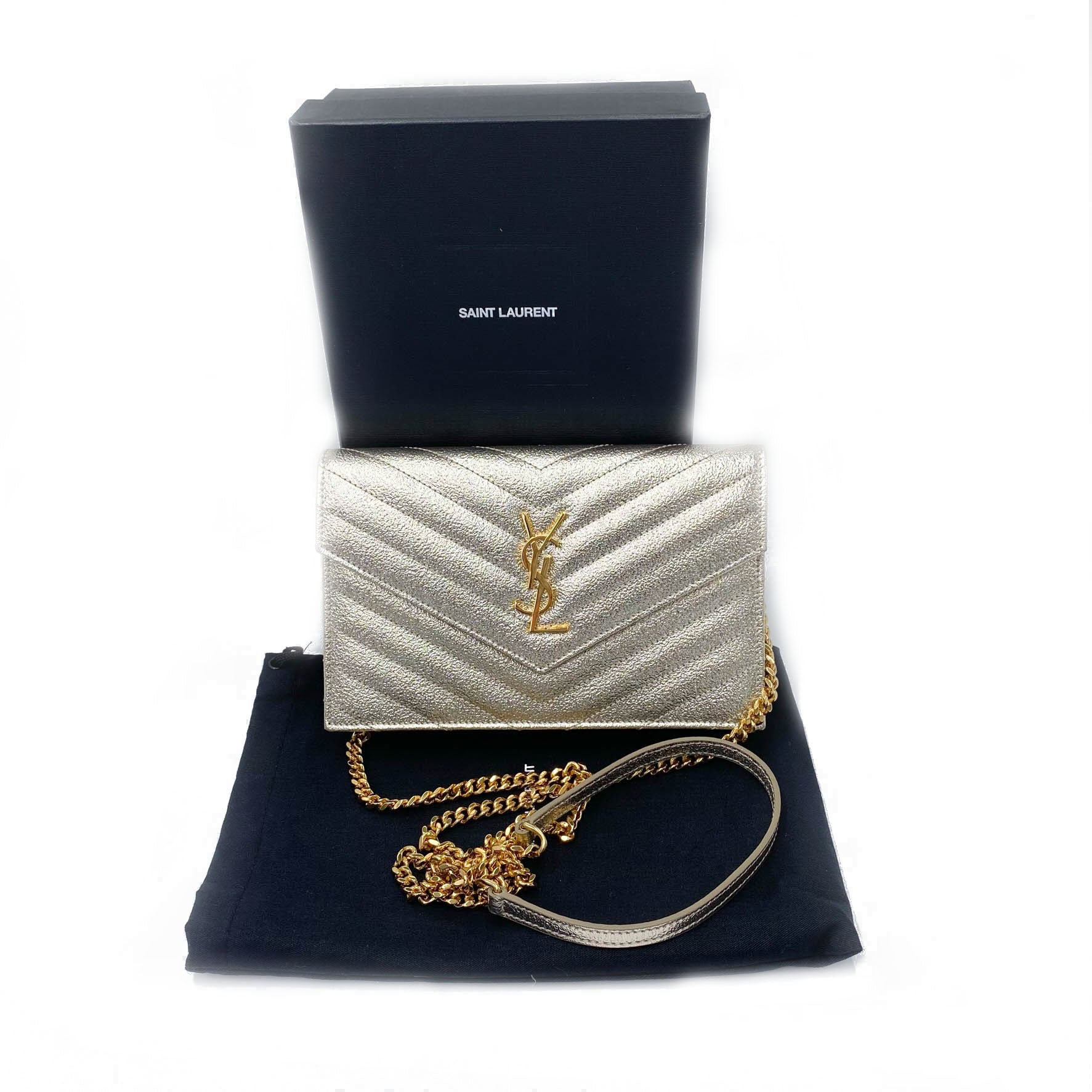 ysl silver bag with gold chain