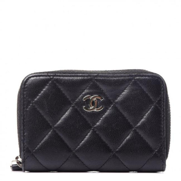 Chanel Black Lambskin Quilted Zip Coin Purse Cc Logo Wallet - MyDesignerly