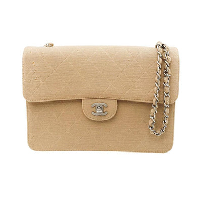 Chanel Classic Quilted Jumbo Single Flap Beige Jersey Shoulder Bag