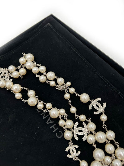 Chanel Silver Cc Faux Pearl Crystal Tone Long Necklace - MyDesignerly