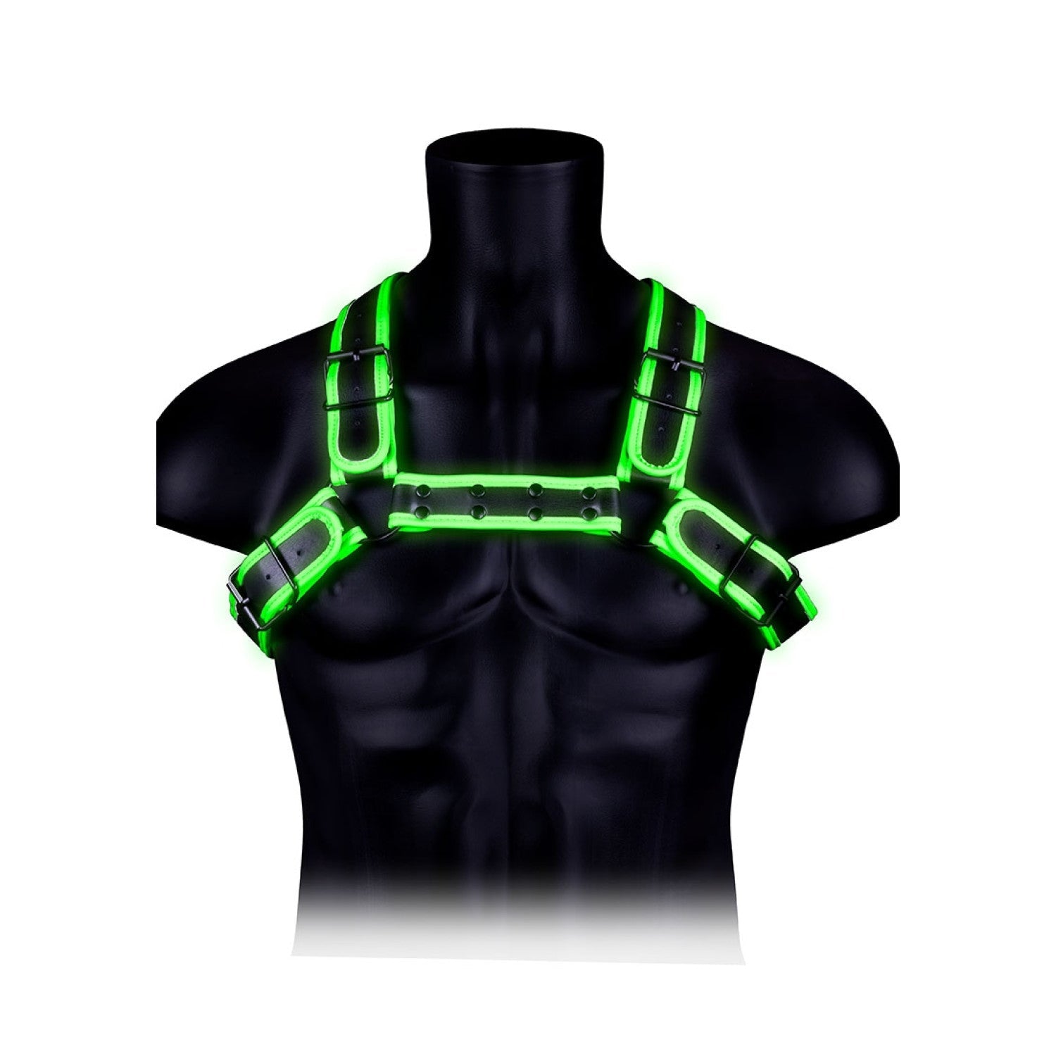 Shots - Ouch!  OU771GLOLXL - Buckle Bulldog Harness - GitD - Neon Green/Black - L/XL L/XL