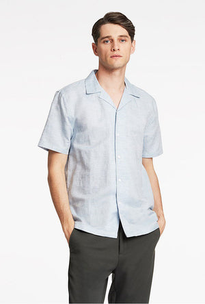 Mineral Blue Regular Fit Delave Linen Short Sleeve Shirt - MEN