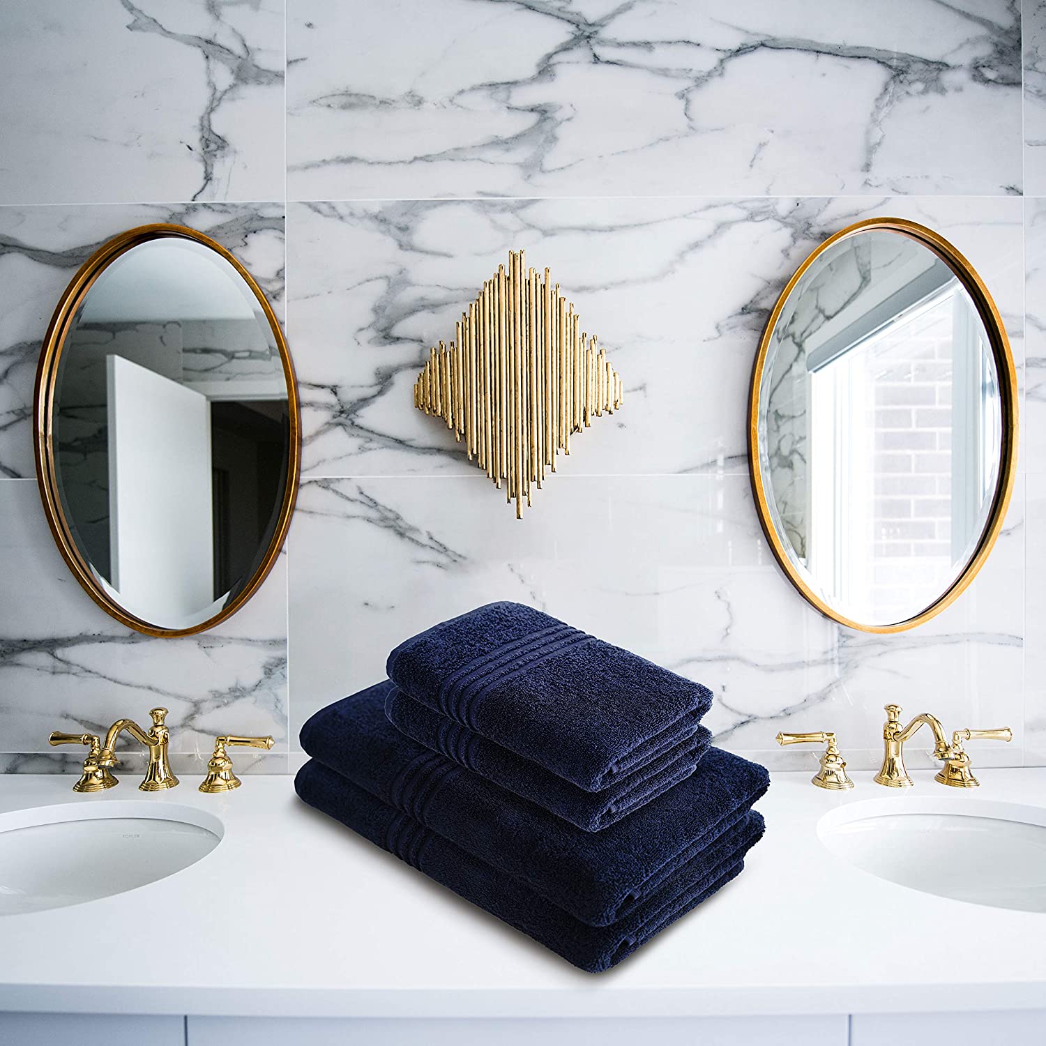 navy and gold bath towels