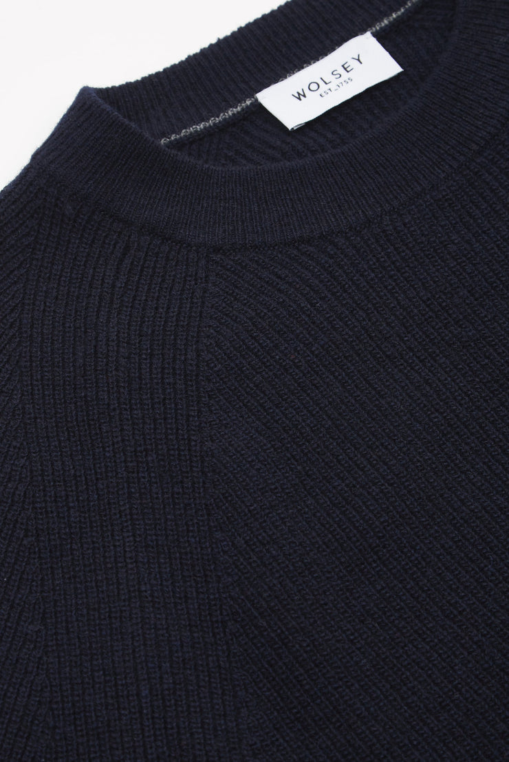 NAVY FISHERMANS RIB CREW NECK PULLOVER — Wolsey