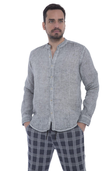 Band Collar Button Down Linen Shirt - Green | Ron Tomson