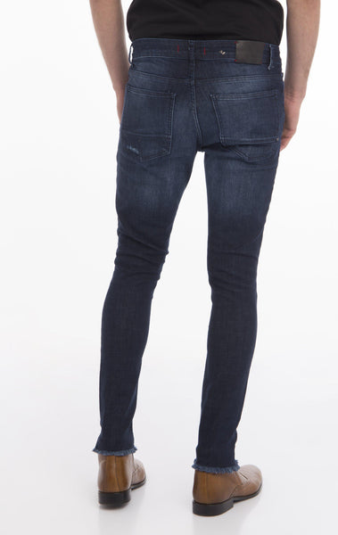 Distressed Ripped Hem Skinny Jeans - Navy | Ron Tomson