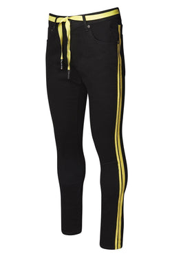 black pants with yellow side stripe