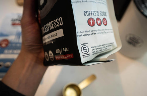 B Corp logo on side of coffee bag