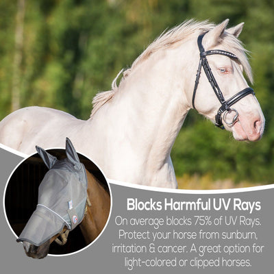 Derby Originals UV-Blocker Premium Reflective Horse Fly Mask with Ears and Nose Cover with One Year Warranty