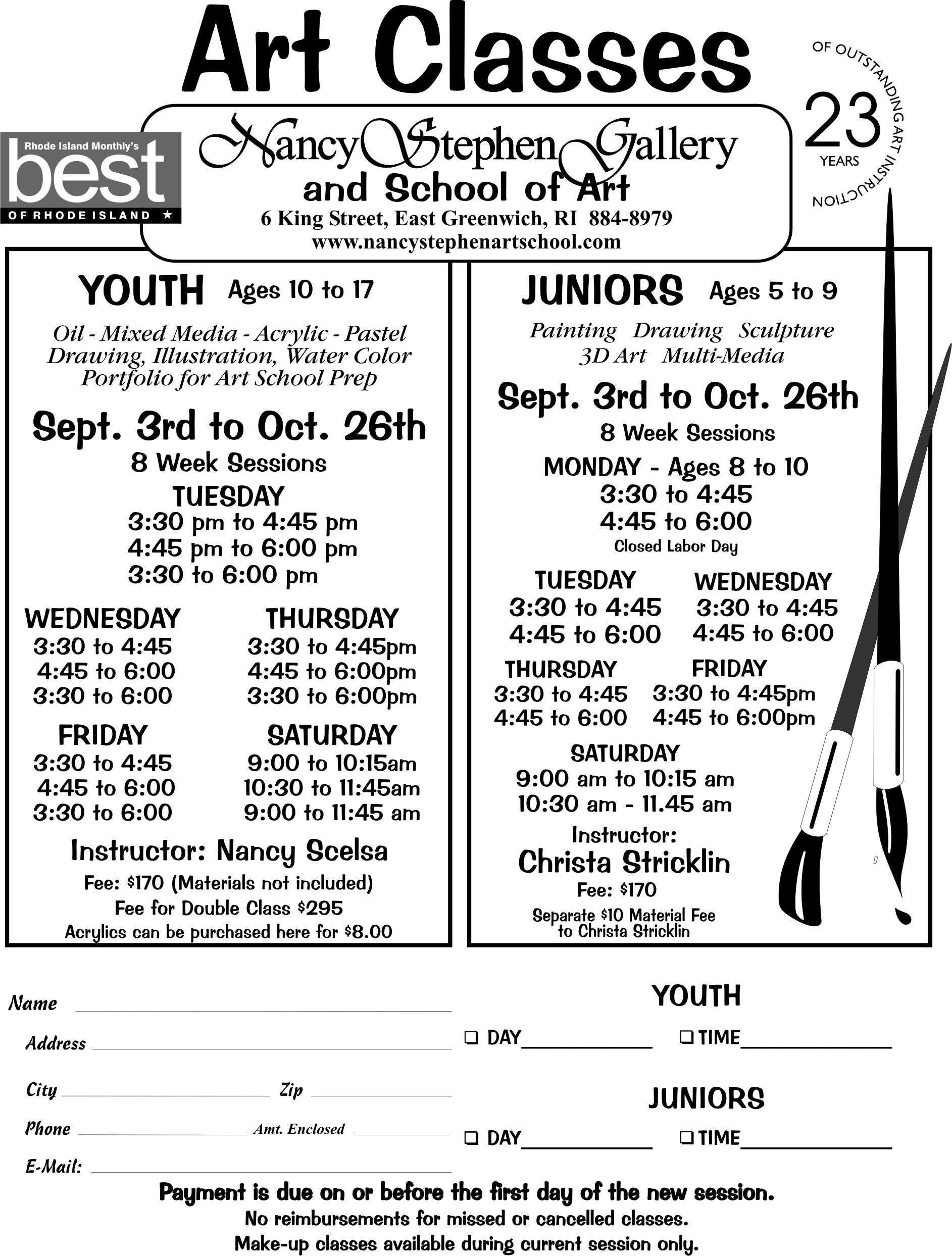 Junior Art Classes registration form at Nancy Stephen Art School