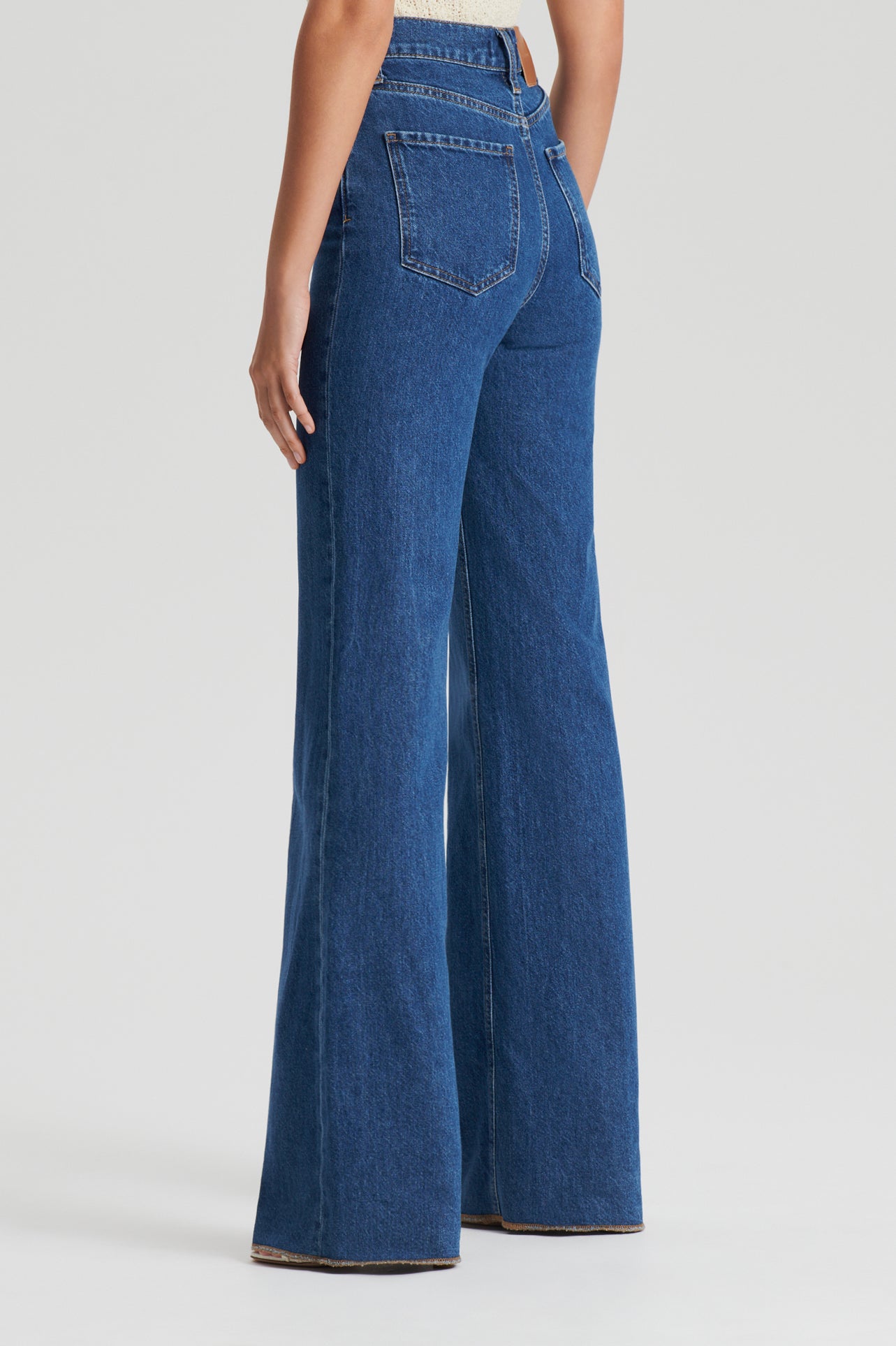 Lady Jeans Design MID-Blue Fabric Stitching High-Waist Wide Leg