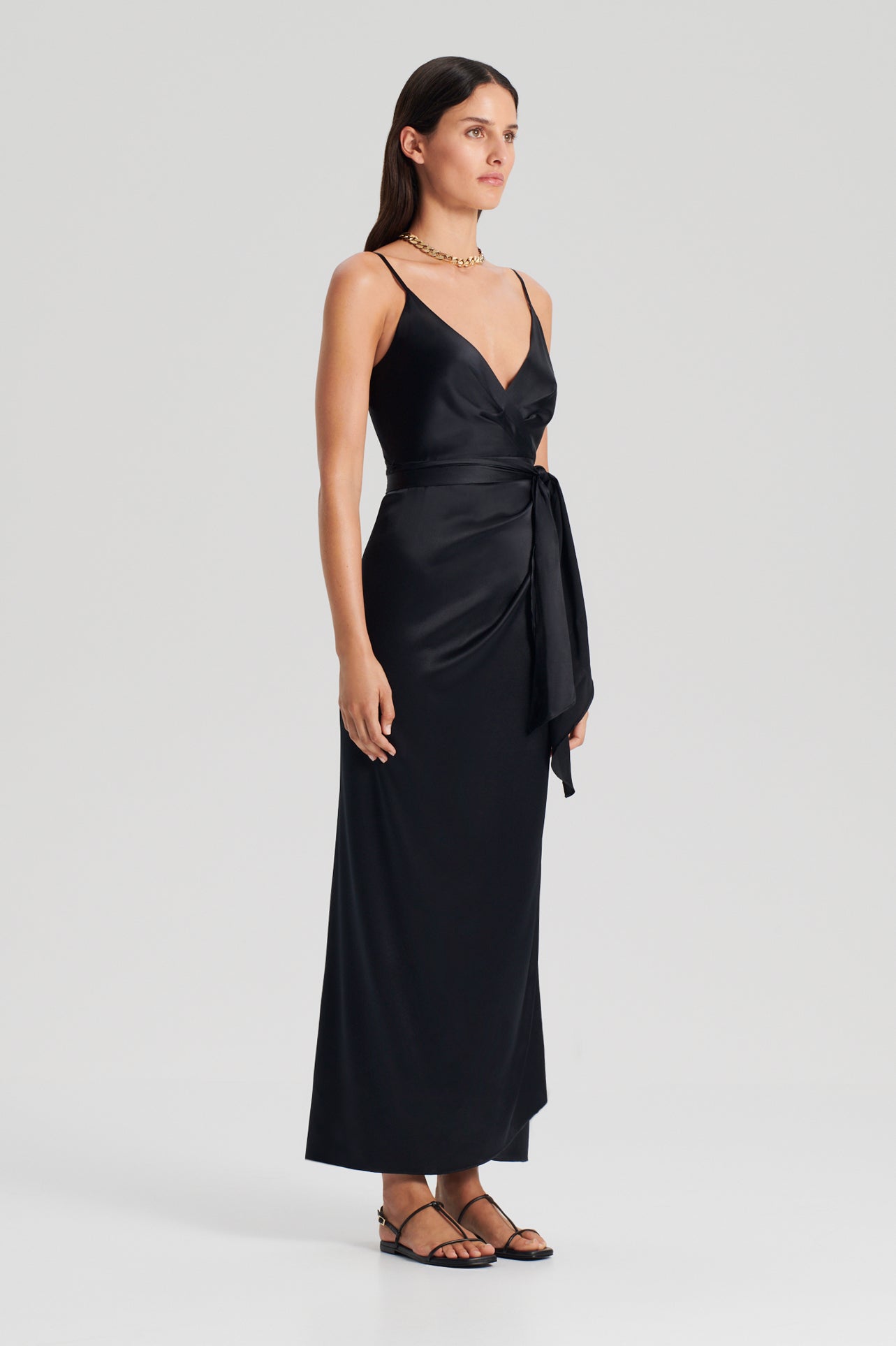 Black Wrap Front Satin Maxi Dress