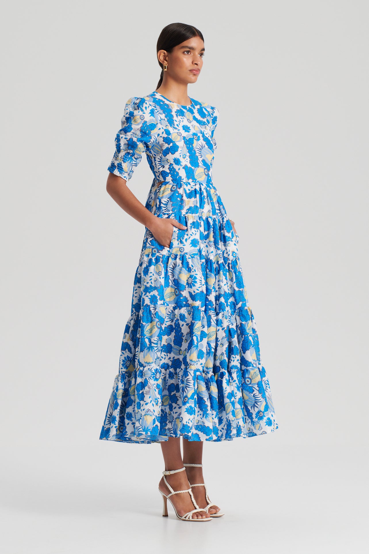 LINEN FLORAL PRINT DRESS - BLUE - Scanlan Theodore