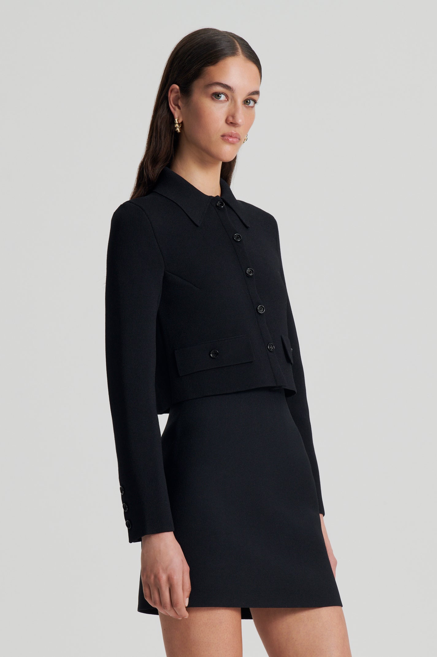 CREPE KNIT CROP BUTTON JACKET - BLACK - Scanlan Theodore