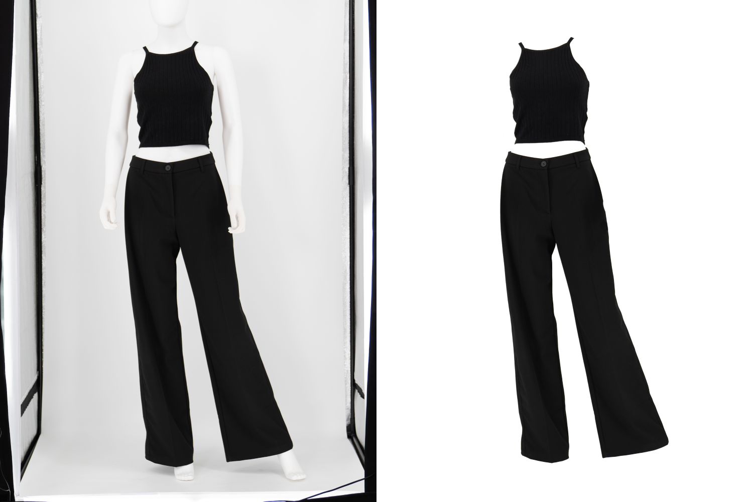 "Collage featuring two images. On the left side, a mannequin dressed in a black halter top and trousers, showcasing the outfit in a stylish manner. On the right side, an edited version of the image where the mannequin has been digitally removed, leaving only the black halter top and trousers suspended in mid-air.