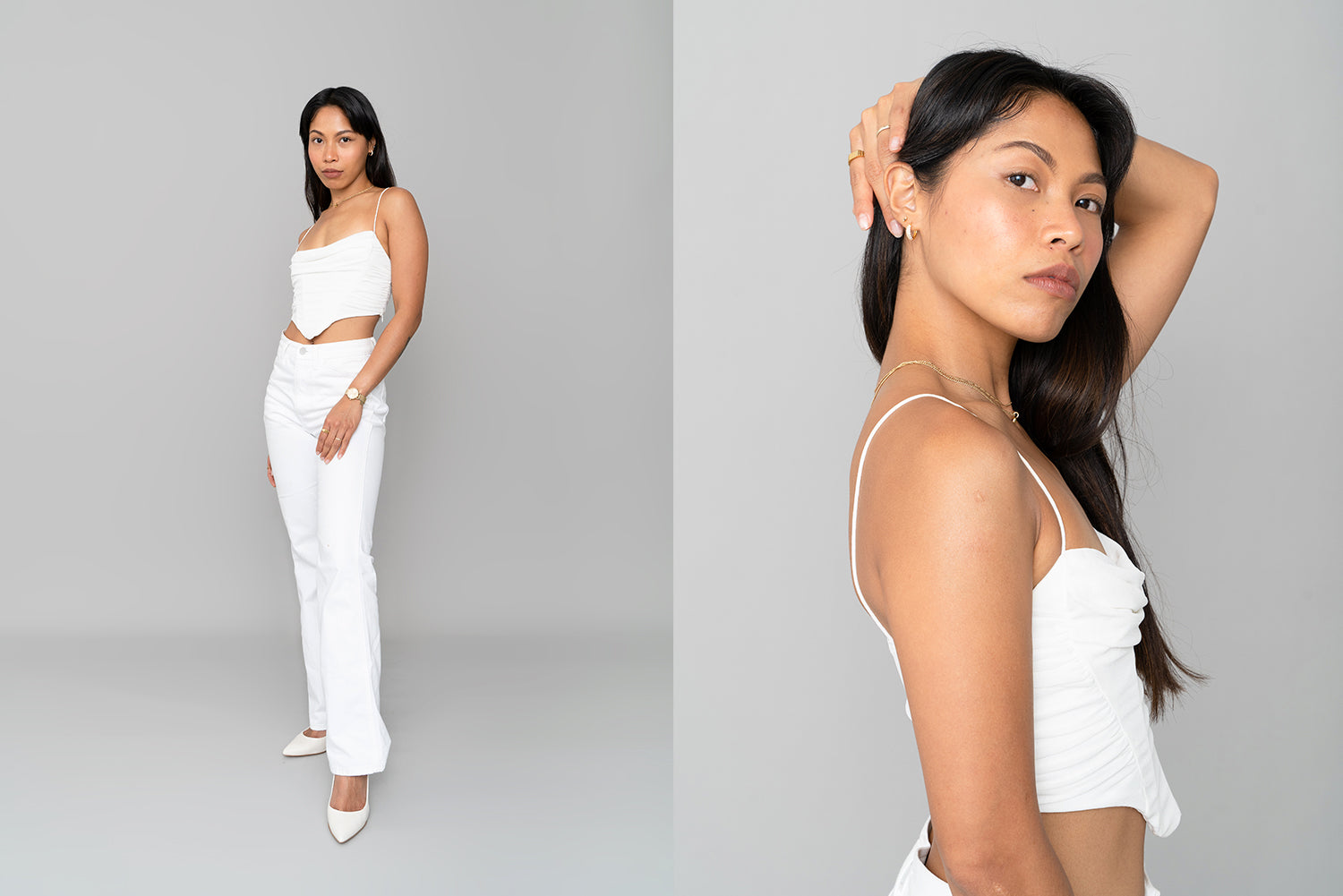Collage of two fashion images. On the left side, a full-length shot of a confident model in an all-white attire, striking a pose. She exudes poise and style in her ensemble. On the right side, a half-length shot focusing on the model's side view, emphasizing her jawline.