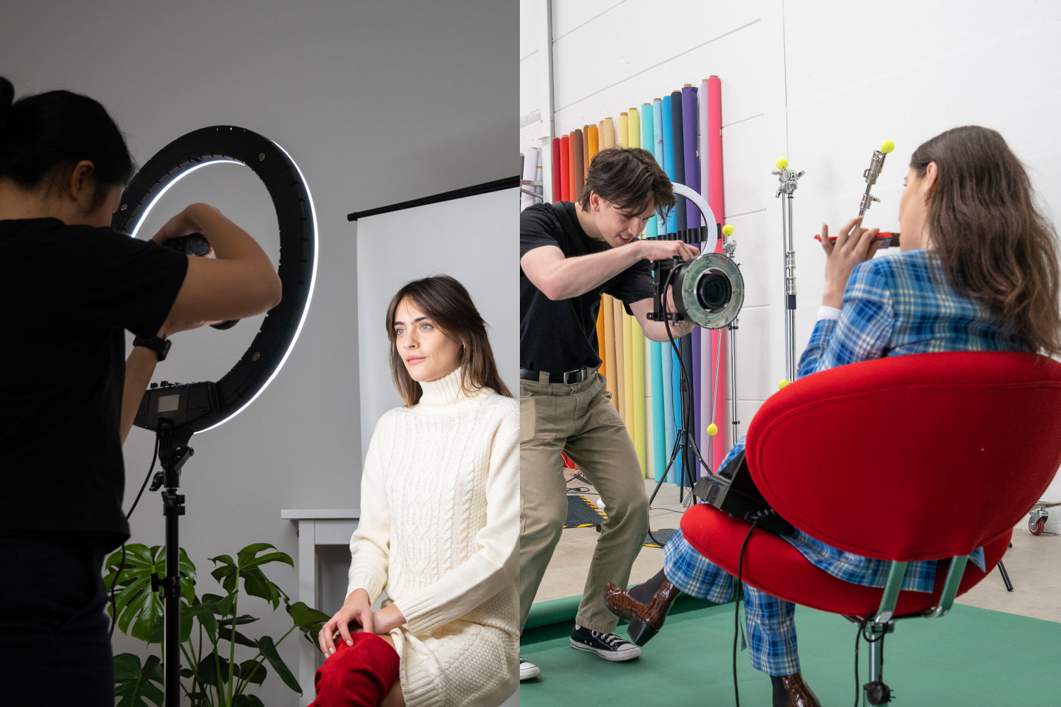 a collage photo of two images. the photo on the right is of a male photographer taking a photo of a woman sitting on a red chair with his camera and ring flash. the left photo is of a female photographer taking a photo of a woman sitting down in front of a ring light.