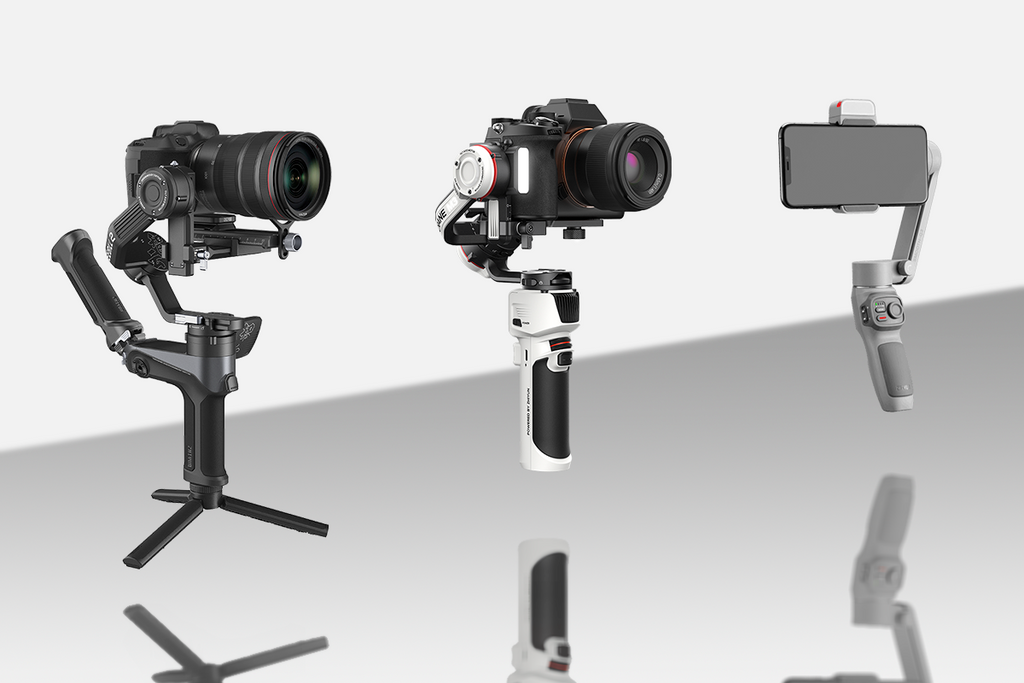 Three gimbals against a grey mirrored background