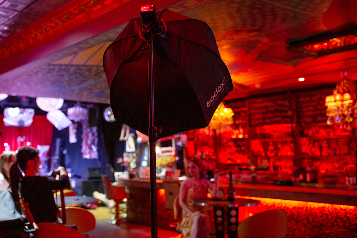 Close up shot of a softbox lighting system in an art deco bar