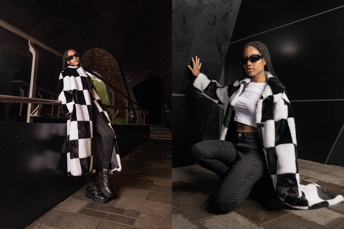 Two images. Left: Female model leaning in a checkered jacket against railing. Right: Female model crouching with a black wall behind her