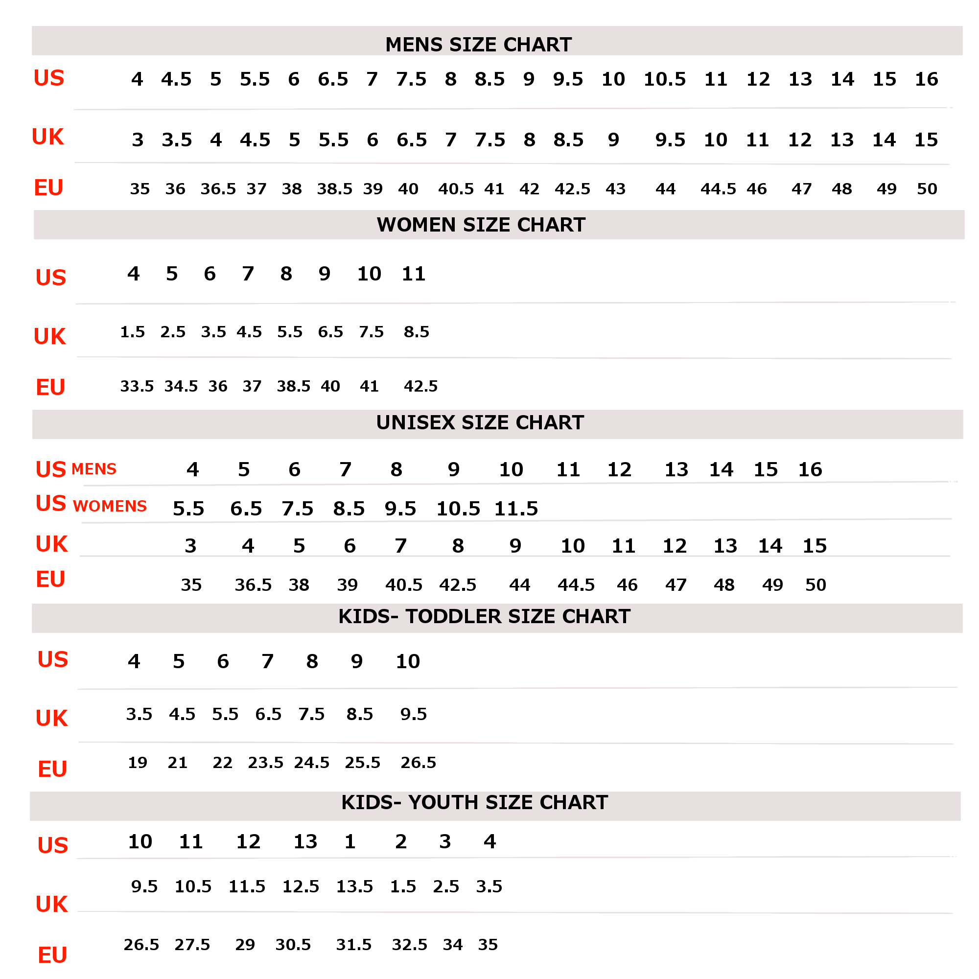 old skool vans size chart