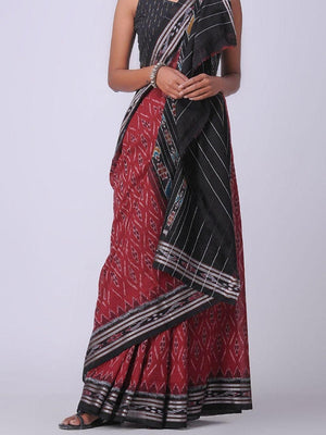 Sambalpuri ikat silk saree maroon and black with allover ikat butta we –  Prashanti Sarees