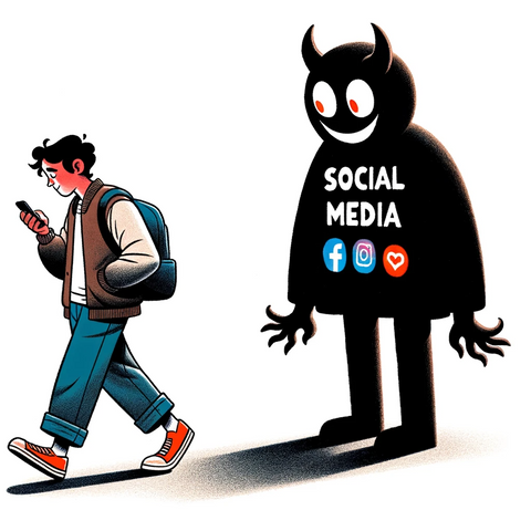 A cartoon of a hunched person absorbed in a smartphone, walking past a large 'Social Media' figure labeled as such