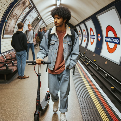 A photograph of a young man with diverse descent, wearing casual attire, walking with an e-scooter onto a London Underground subway platform