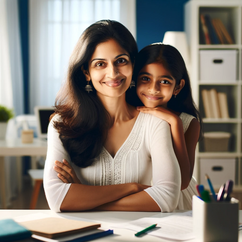 A smiling Indian woman seated at a desk, wearing a white top with long dark hair and earrings. Behind her, a young girl in a white sleeveless dress is hugging her from behind