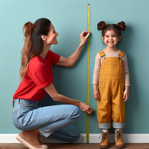 An image of a woman in a red t-shirt with brown hair tied back, kneeling on one knee as she measures a young girl's height against a wall