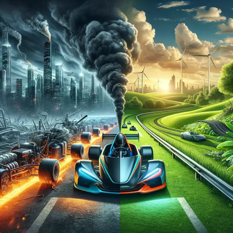 The image contrasts petrol and electric go karts environmentally. It features a gasoline kart with dark smoke against a grey, polluted skyline, and an electric kart, sleek and smoke-free, amidst a green landscape and blue skies.
