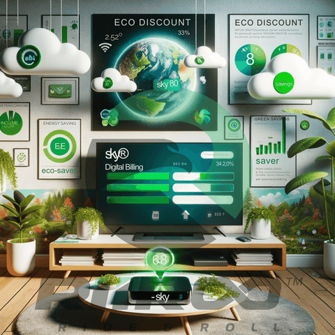 A photo-realistic portrayal centered on the eco-friendly practices of digital billing, energy-saving devices, and green promotions. Dominating the scene is a laptop, open to a 'Sky' e-bill page