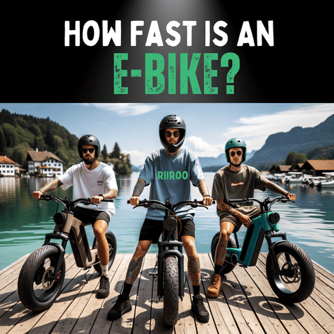 Three men on ebikes on a wooden deck on a lake