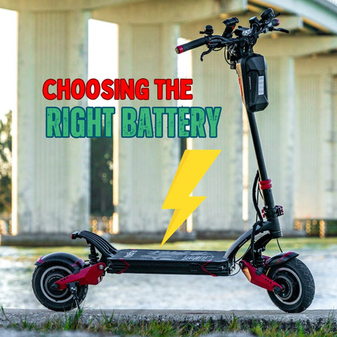 An electric scooter parked outdoors with the text "CHOOSING THE RIGHT BATTERY" in bold, colorful lettering at the top