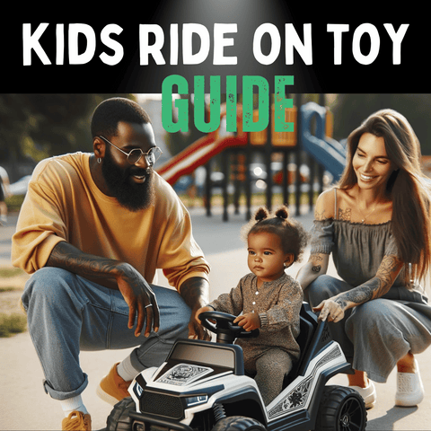 In a park, a black man in a yellow shirt walks beside a mixed-race toddler in a toy car, with a white woman in a grey dress smiling at them