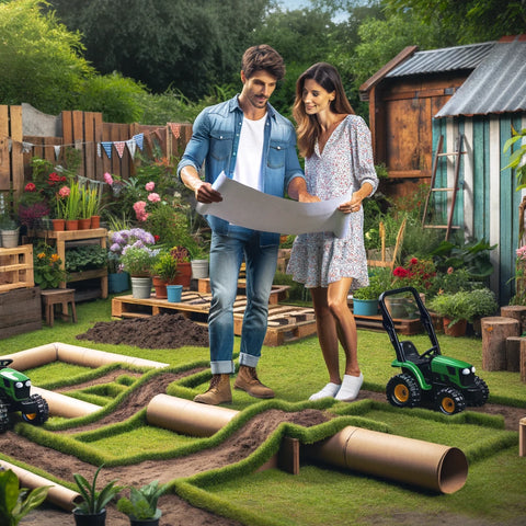 Parents standing in their garden planning and preparing how to build a Obstacle Course for Kids Ride-On Tractors