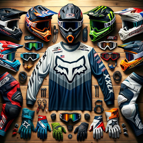 Realistic portrayal of assorted motocross equipment spread out on a wooden surface