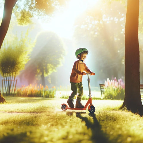 Should I Buy My Kid a 2 or 3-Wheeled Scooter? - A photograph of a young child, around 5 years old, joyfully riding a 2-wheeled scooter, in a sunny park with green grass and trees.