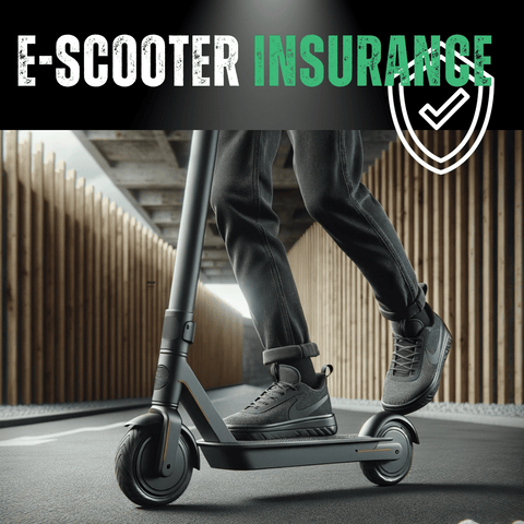 Photo-realistic image of a modern-looking e-scooter in motion on a paved surface. The e-scooter is dark gray with a red streak on the side of the deck