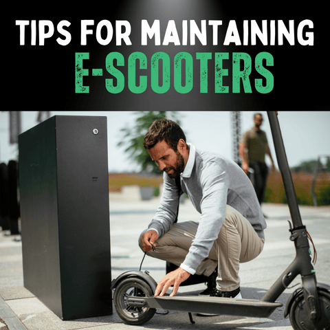 A man kneeling down fixing his e-scooter